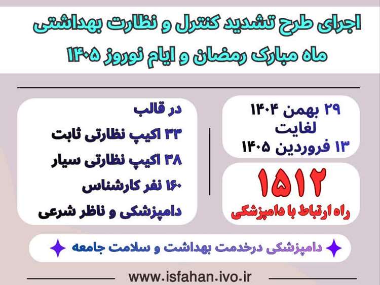 اجرای طرح تشدید نظارت بهداشتی ویژه ماه مبارک رمضان و عید نوروز 1405 در استان اصفهان